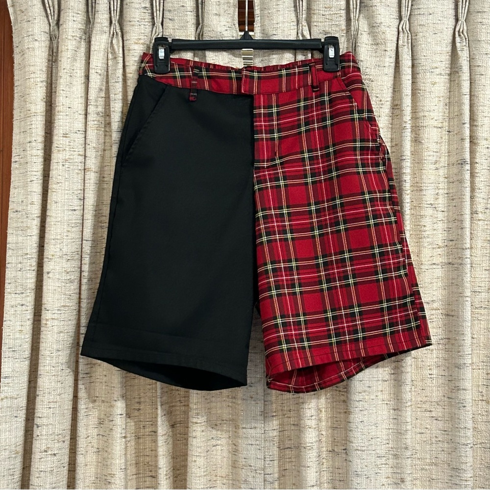 Hot Topic Black & Red Plaid Split Bermuda Shorts